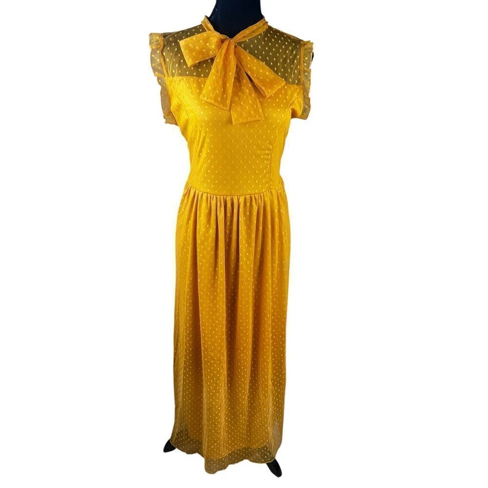 Carla Conti woman’s XL yellow gold Swiss dot 70’s inspired sheer neck bow dress